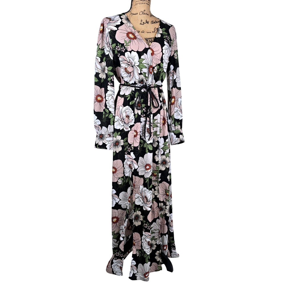 Forever 21 Contemporary Floral Maxi Dress Slit Multi Long Sleeve V-Neck Large